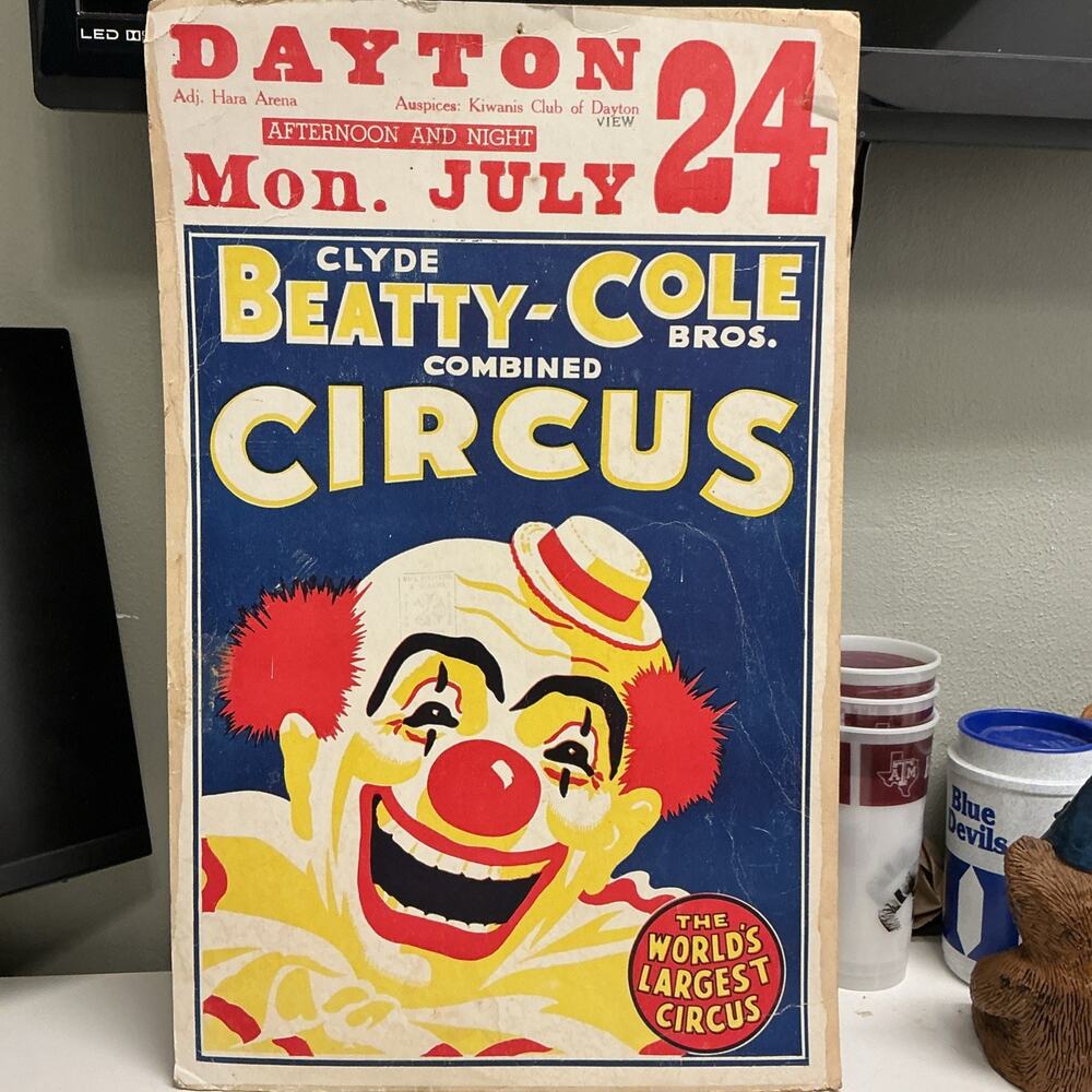Vtg Clyde Beatty Cole Bros. Circus Poster Indianapolis IN 22” X 14” ORIGINAL